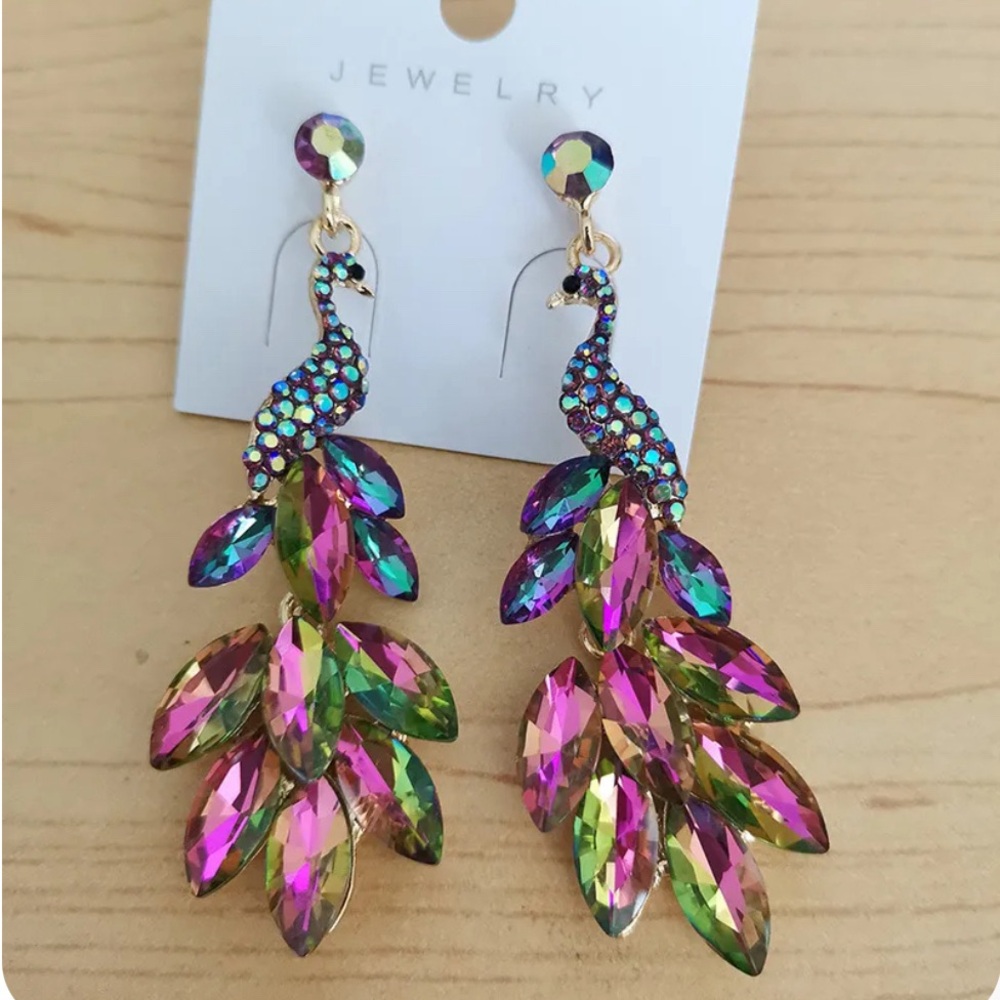 Peacock rhinestone dangle statement earrings, New! - Picture 6 of 14